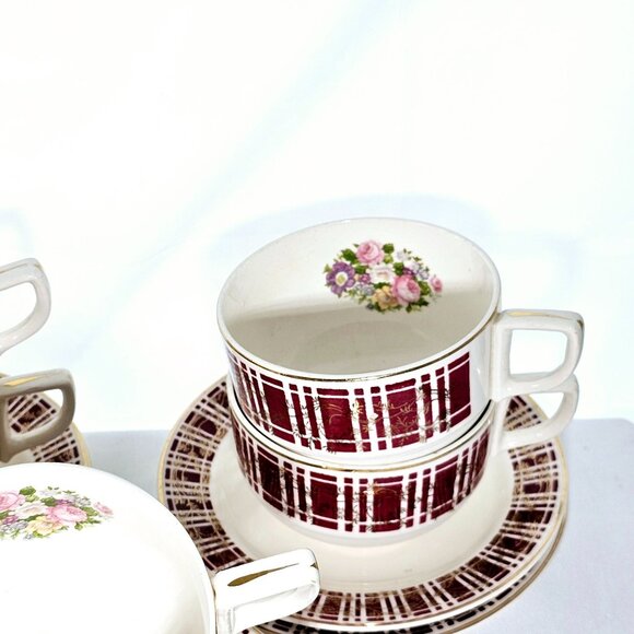 Homer Laughlin Piccadilly Cup & Saucer 2.25" set-6 red plaid gold floral 1942 - Picture 4 of 8